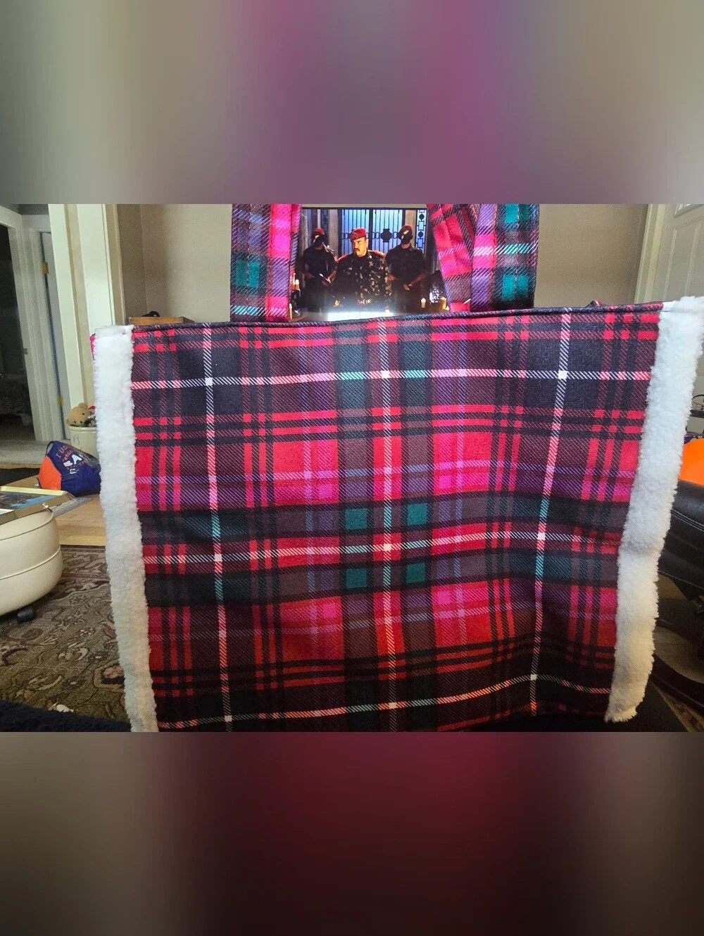 Victoria's Secret Christmas Tartan Tote Bag Plaid Red & Pink Sherpa Trim NWT